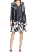 Komarov Charmeuse & Chiffon Tiered Dress With Jacket - Monochrome Trellis size M