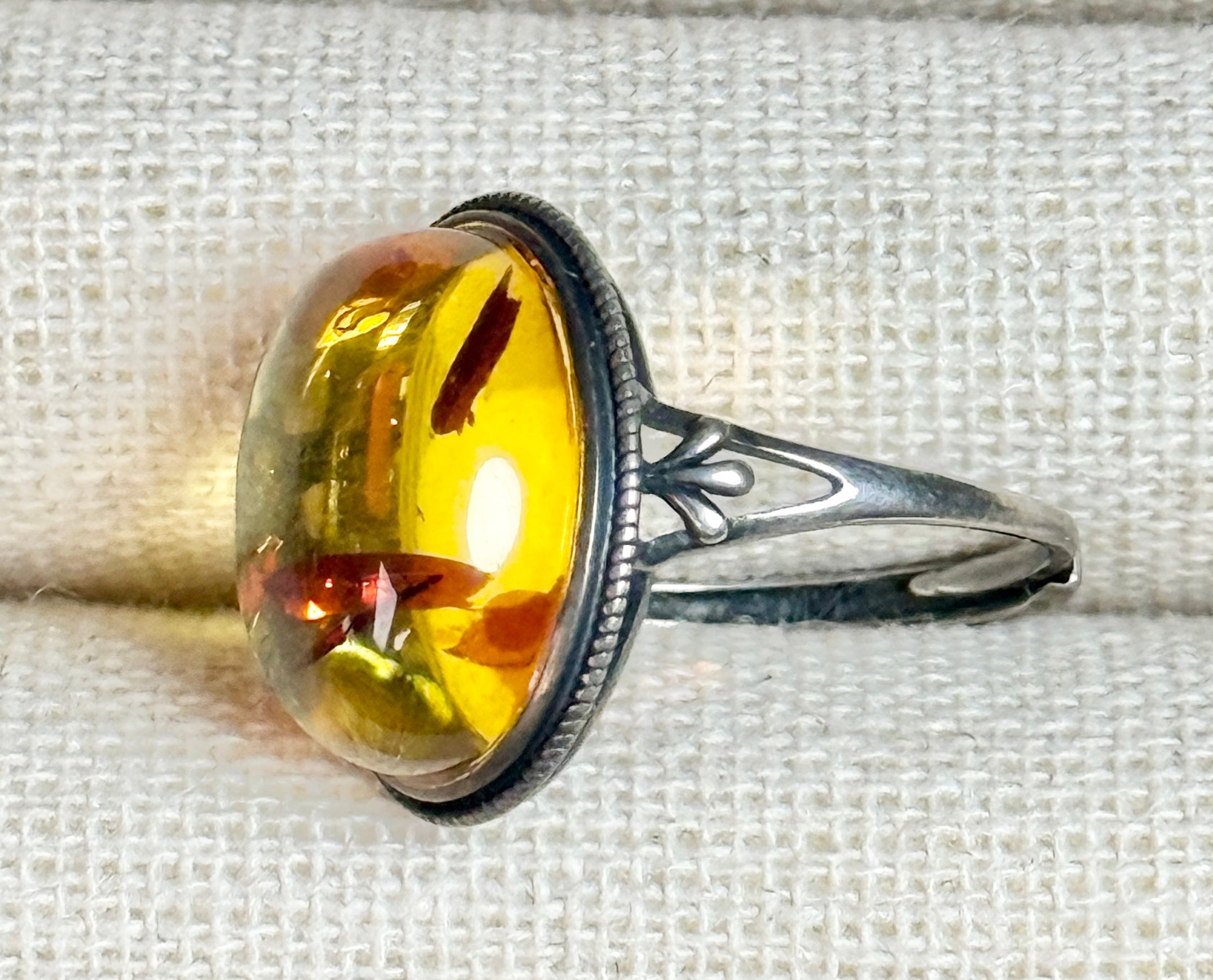 LARGE AMBER RING SET IN STERLING SILVER - FULLY ADJUSTABLE