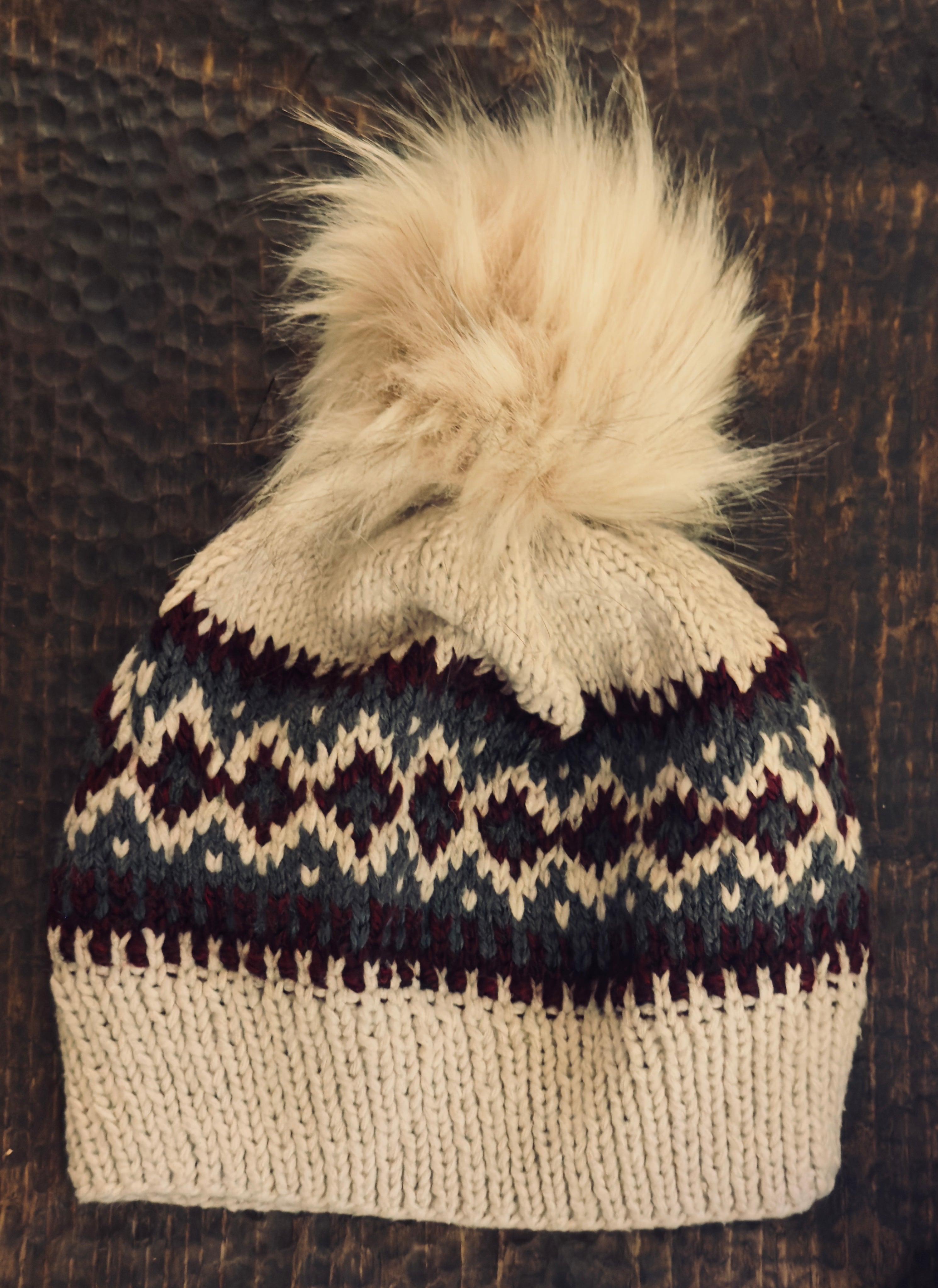 Burgundy and Blue Fair Isle Beanie