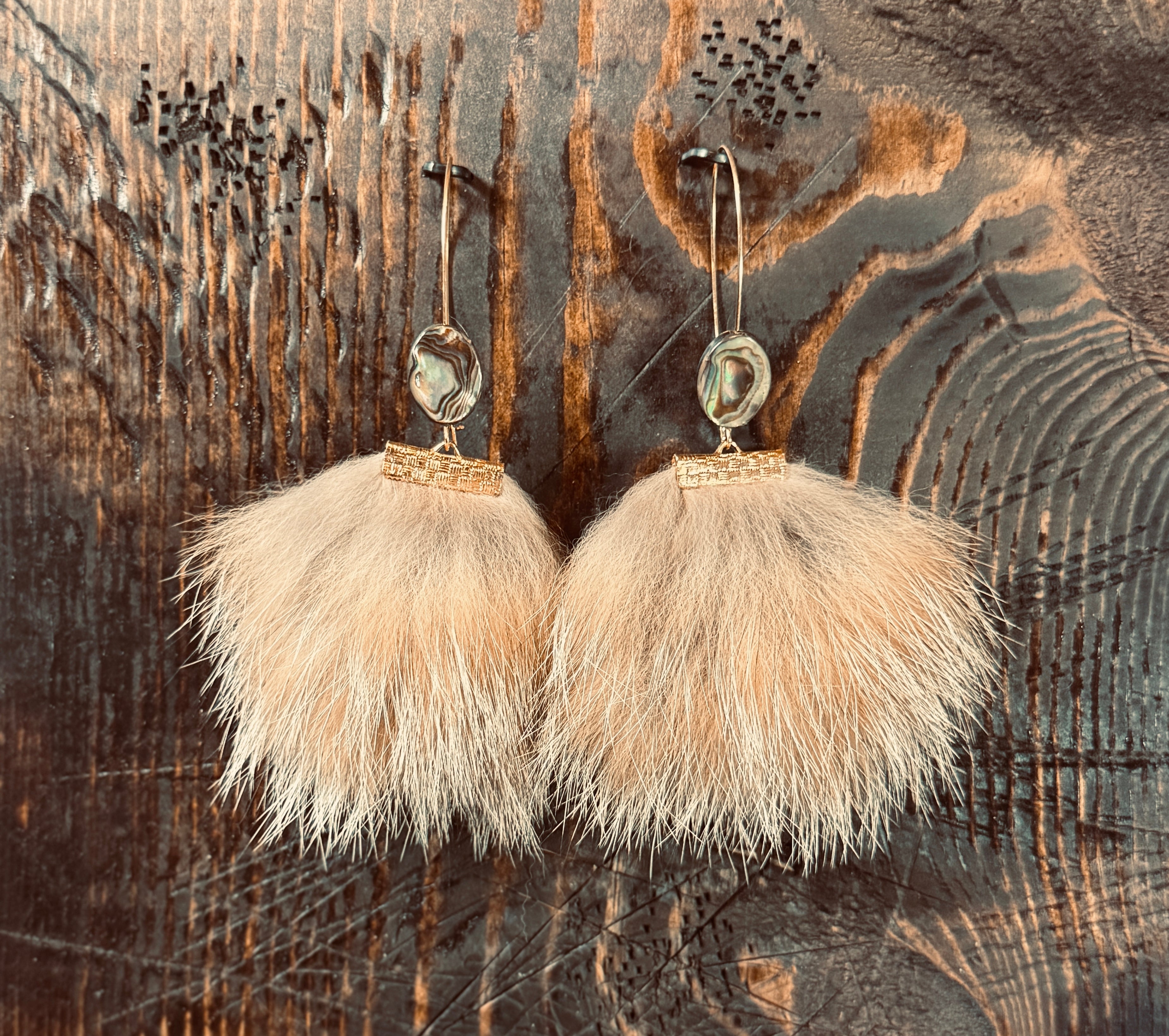 121 - ABALONE AND FOX FUR EARRINGS