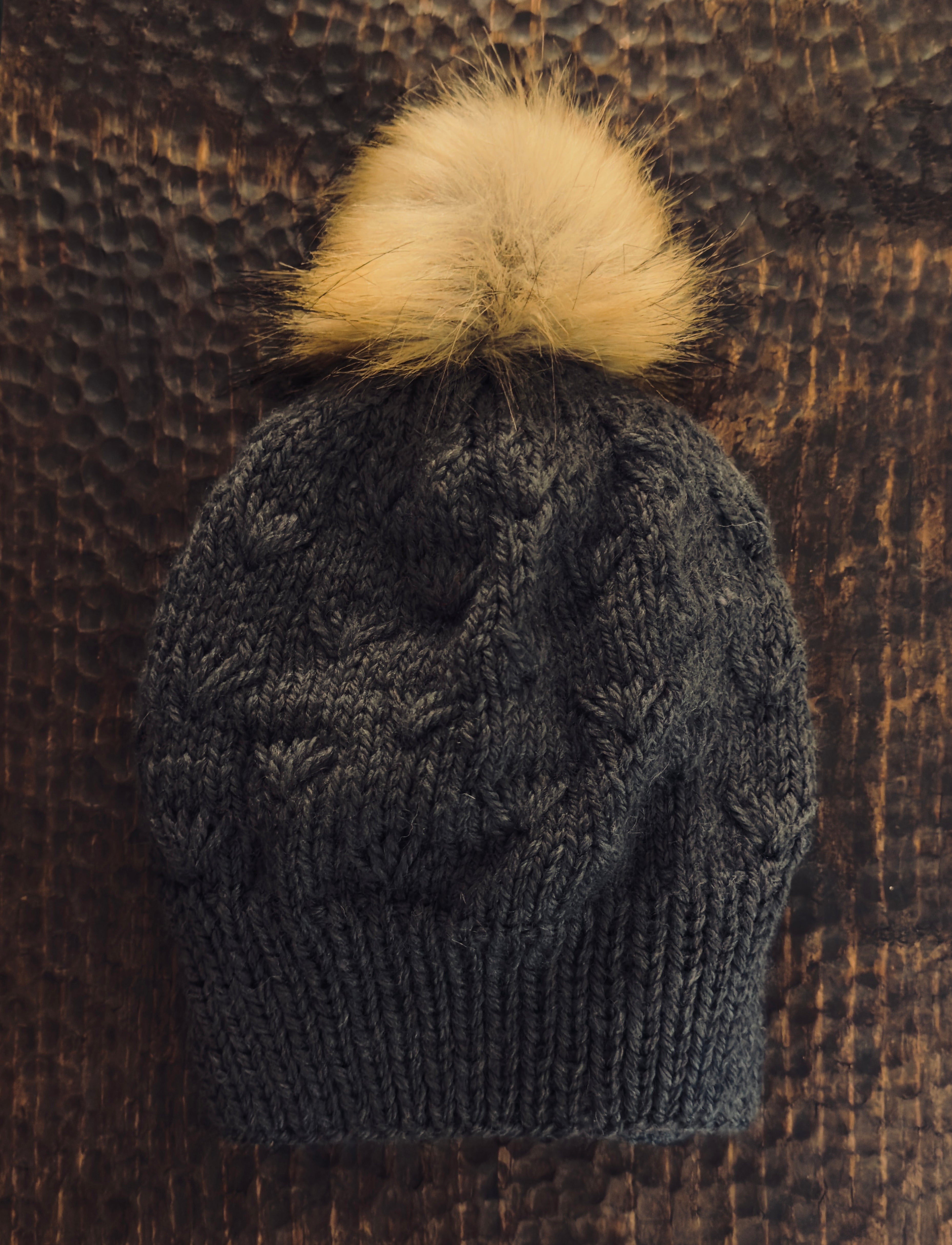 Gray Cable-Knit Beanie with Faux Fur Pom
