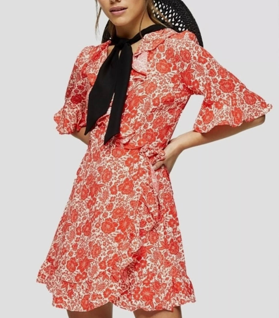 TOPSHOP RED FLORAL WRAP DRESS - SMALL/TALL **NWT**