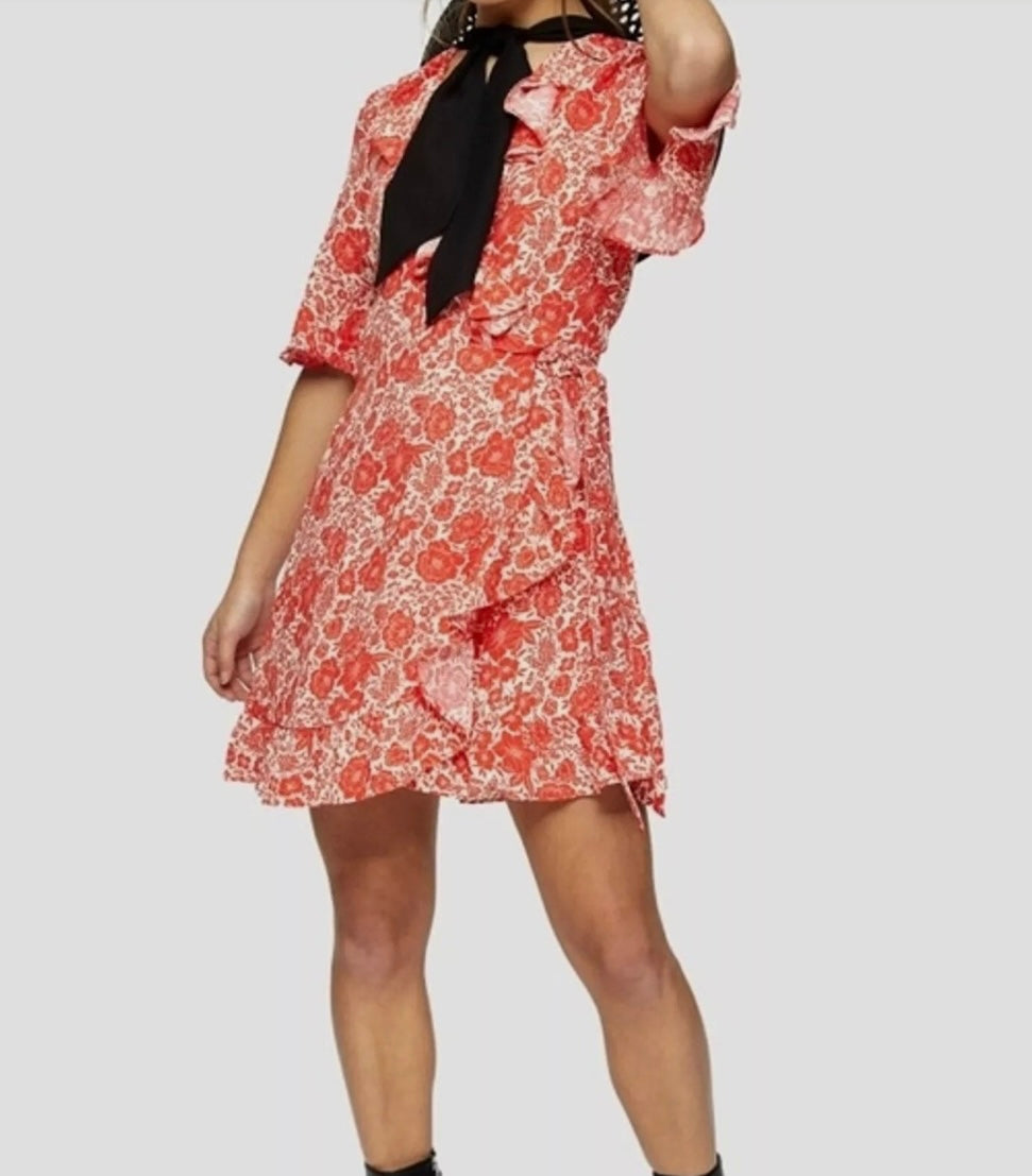 TOPSHOP RED FLORAL WRAP DRESS - SMALL/TALL **NWT**