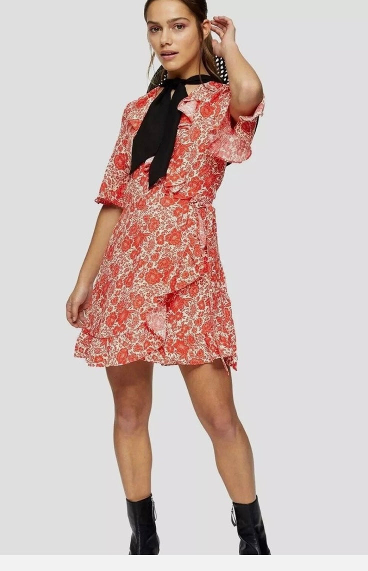 TOPSHOP RED FLORAL WRAP DRESS - SMALL/TALL **NWT**