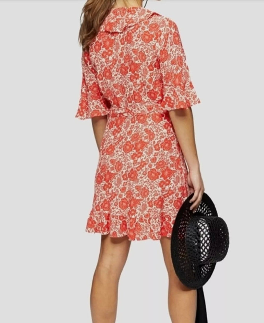 TOPSHOP RED FLORAL WRAP DRESS - SMALL/TALL **NWT**
