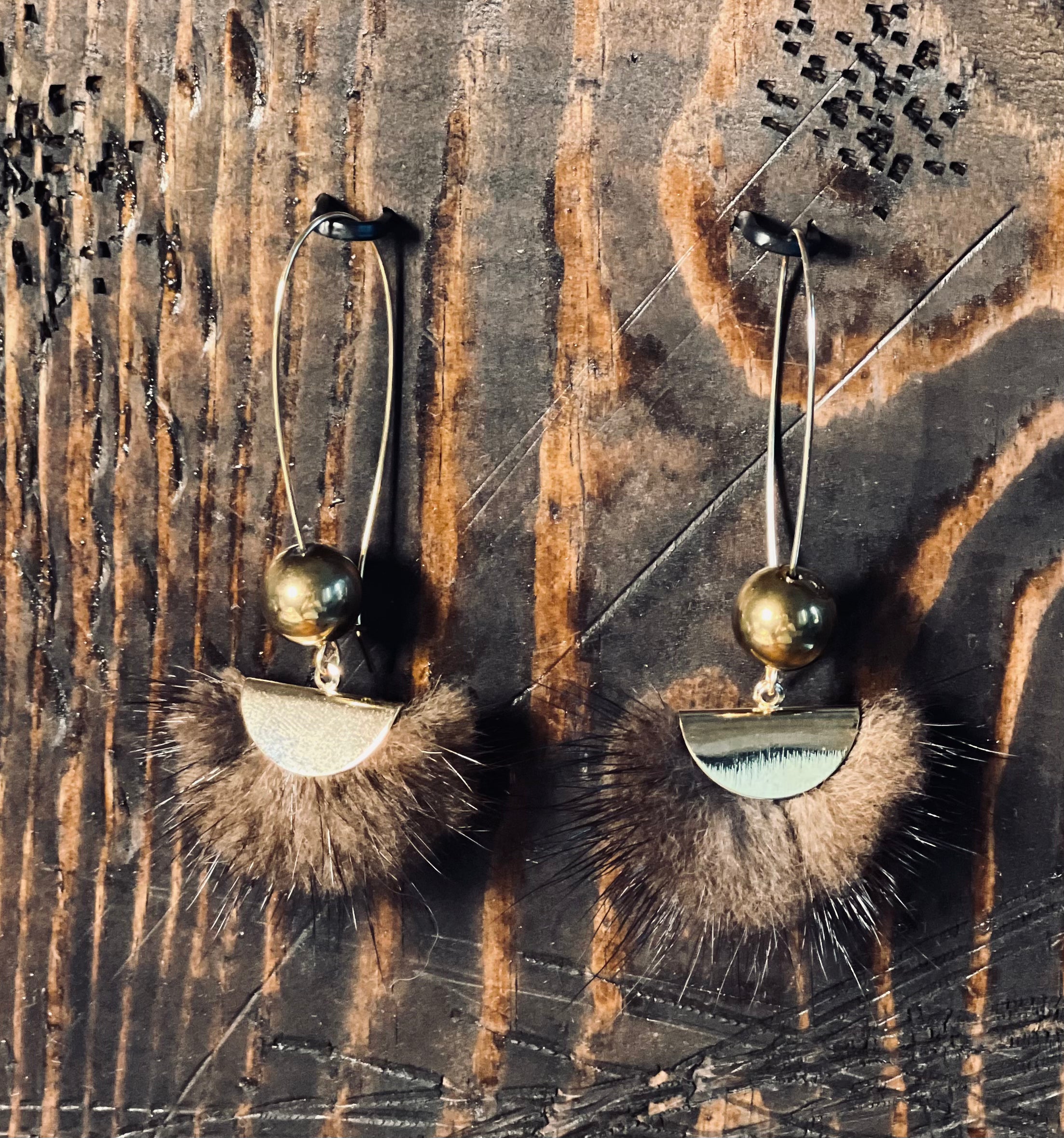 BROWN MINK EARRINGS WITH GOLD DRUZY AGATES