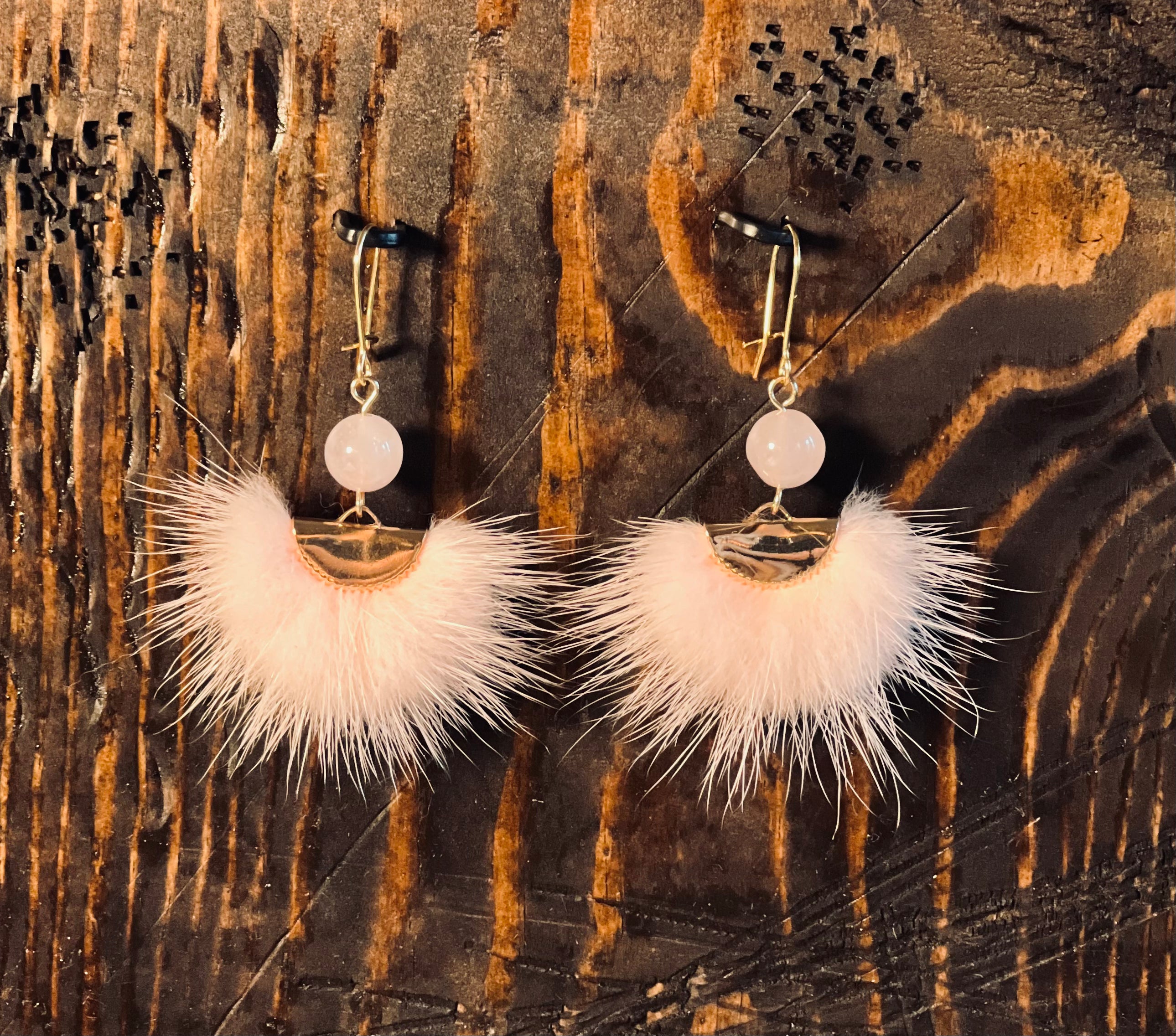 123 - PINK Mink & Rose Quartz Earrings - SMALL KIDNEY HOOKS