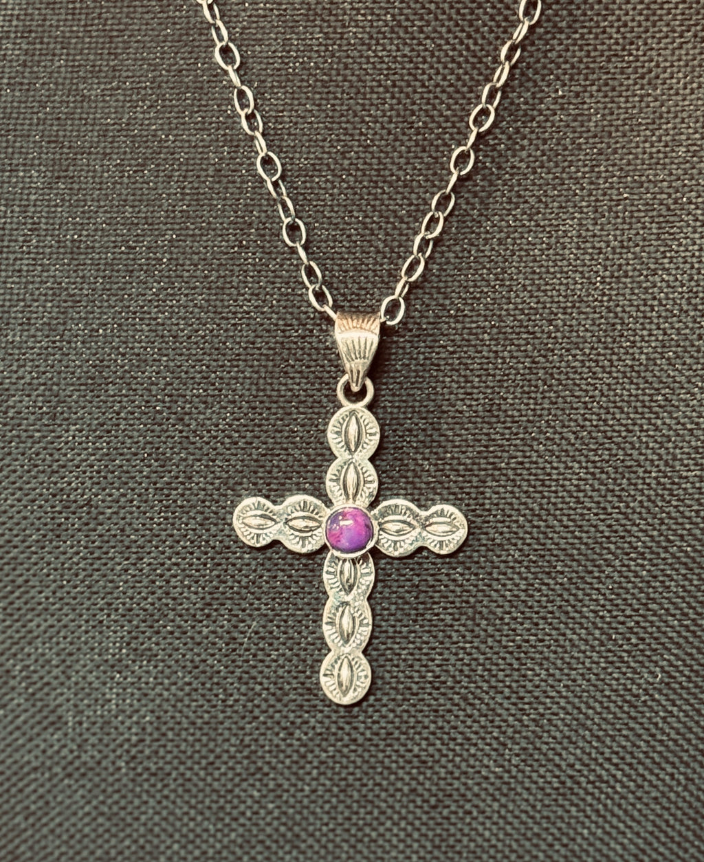 PURPLE DALIA AND STERLING SILVER CROSS PENDANT ON CHAIN