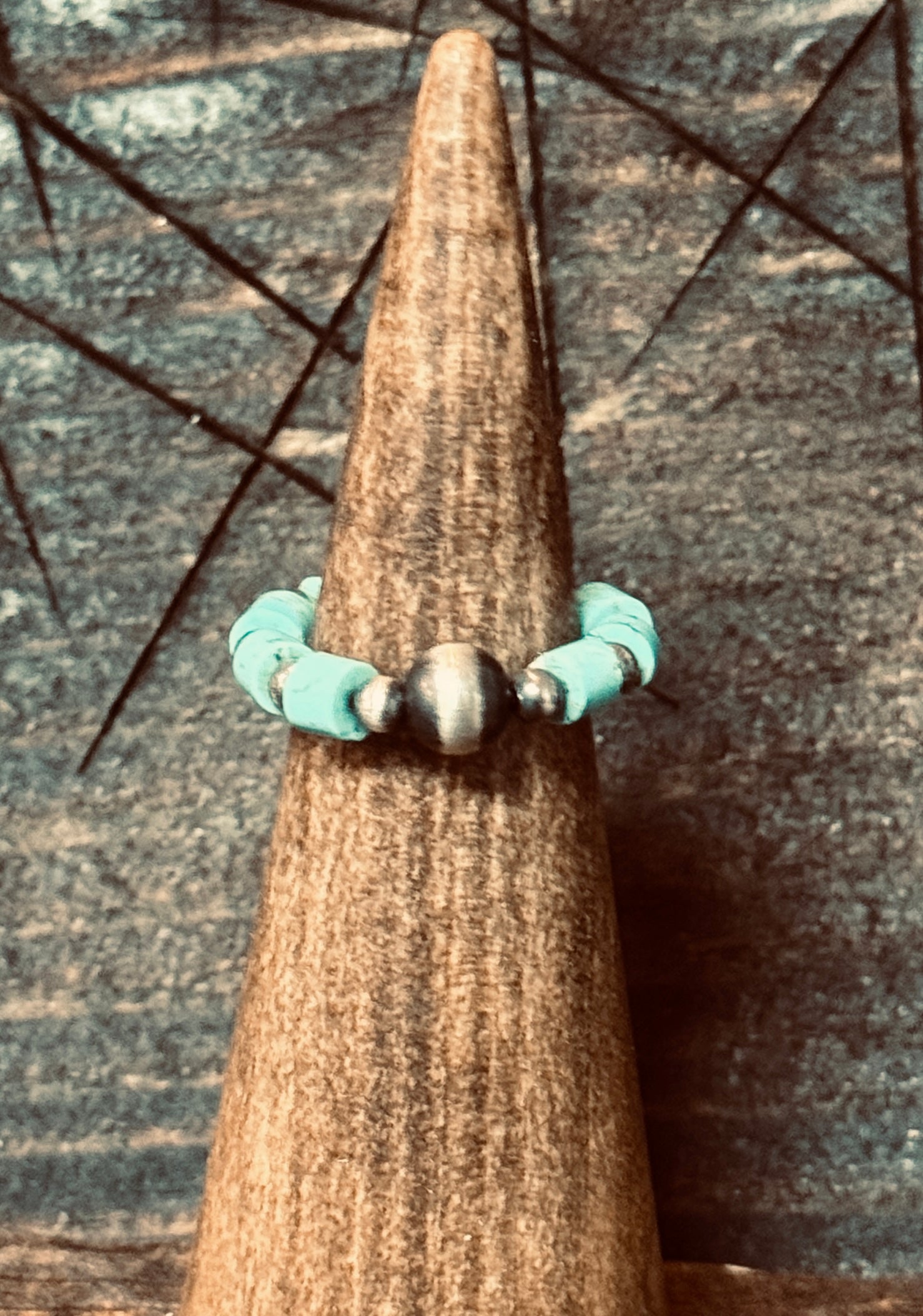 Turquoise and Desert Pearl Ring - Elastic 7-9