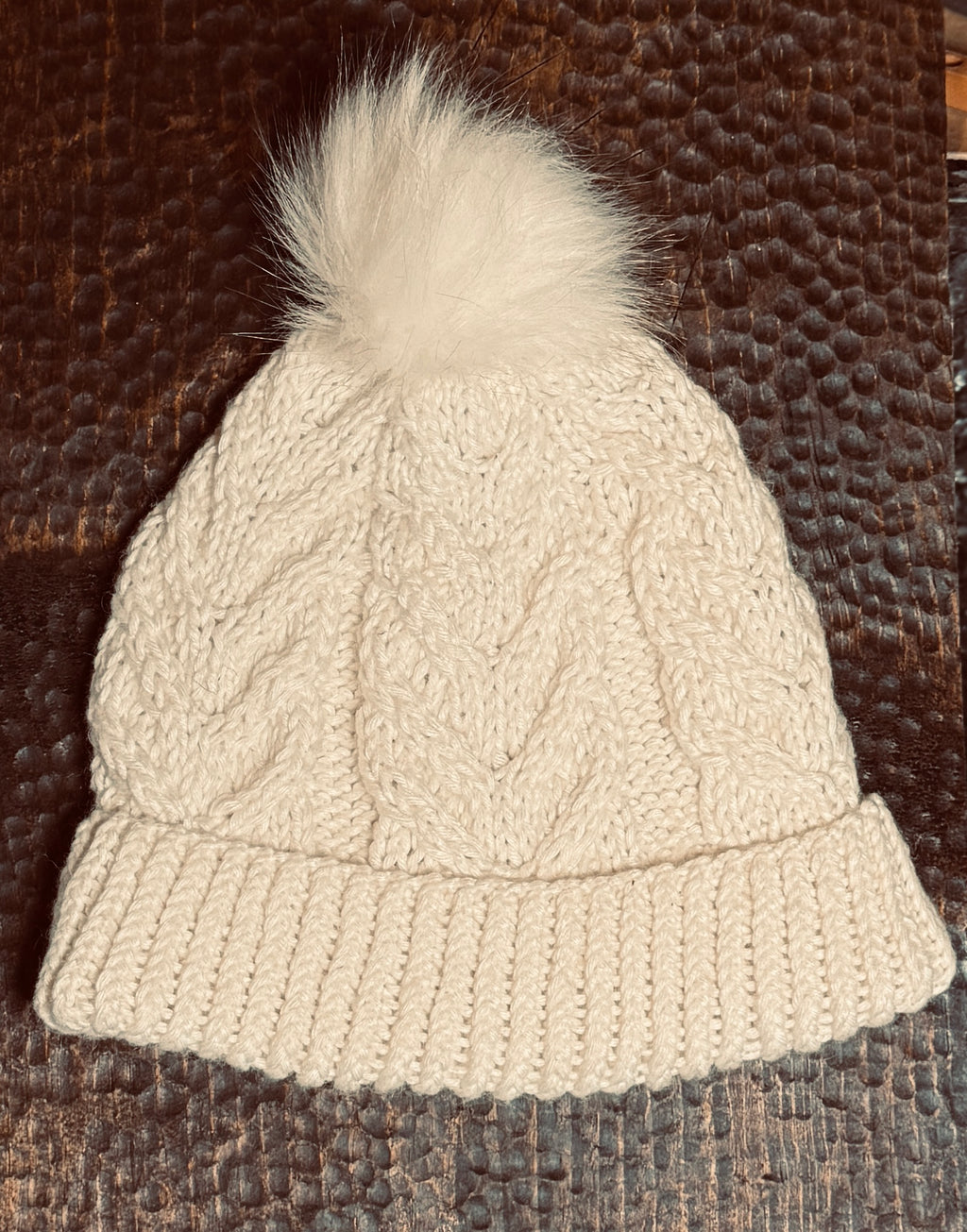 White Cable Knit beanie with Removable PomPom