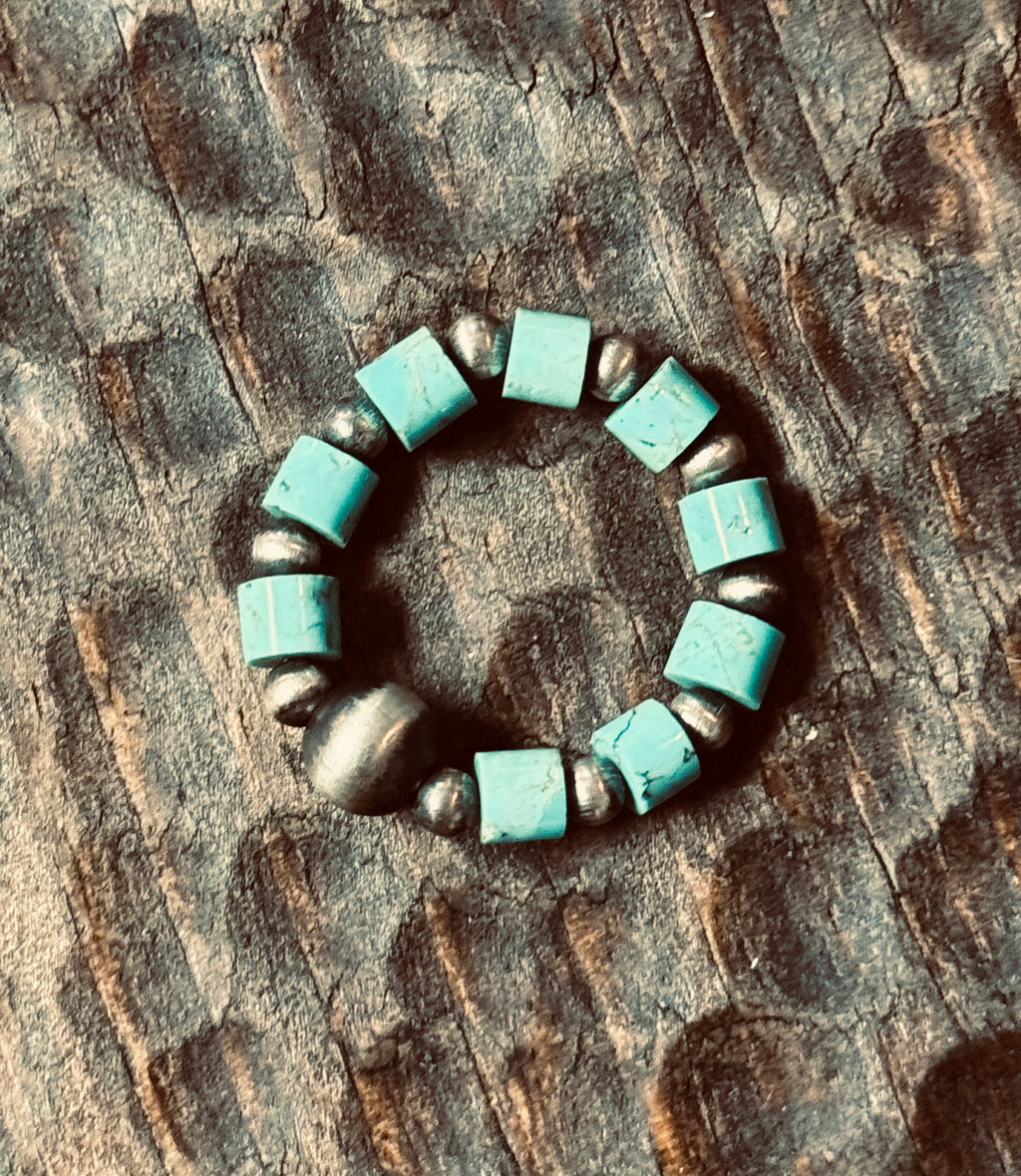 Turquoise and Desert Pearl Ring - Elastic 7-9